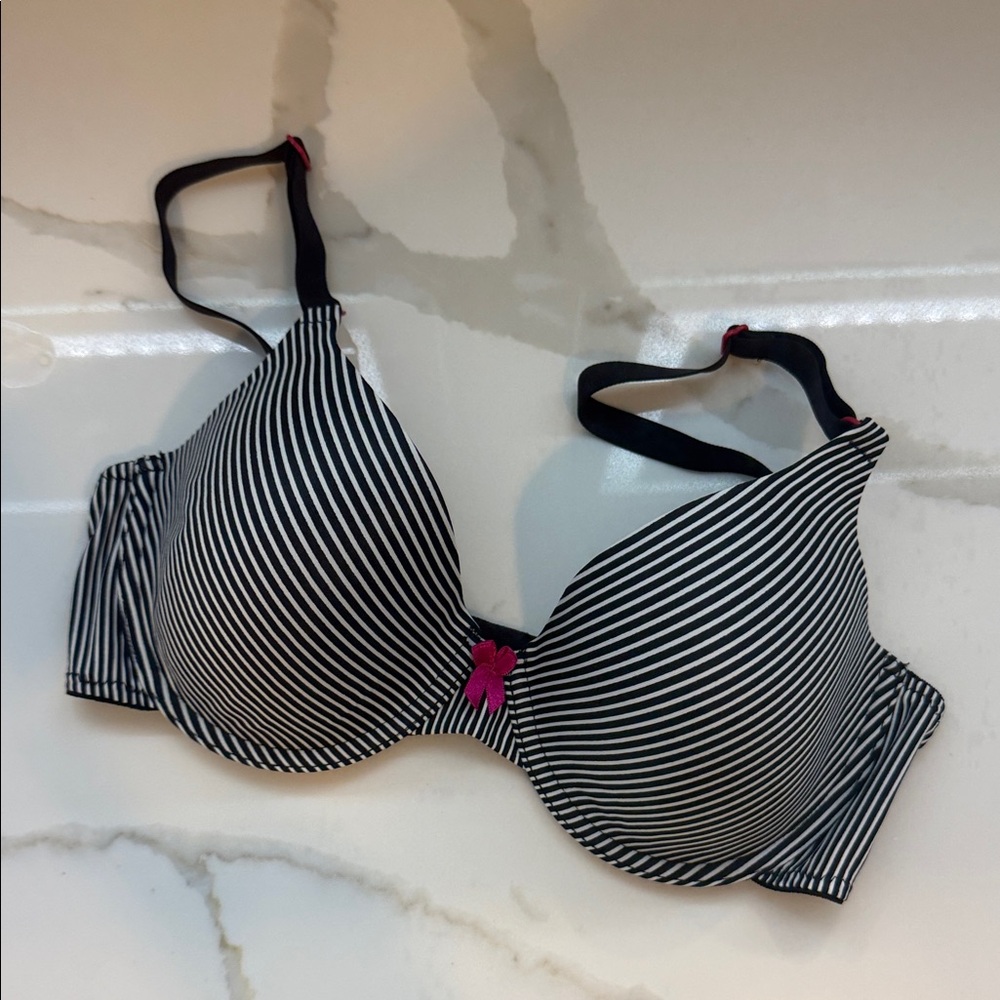 Striped Black & White Push-Up Bikini Top with Pink Accent